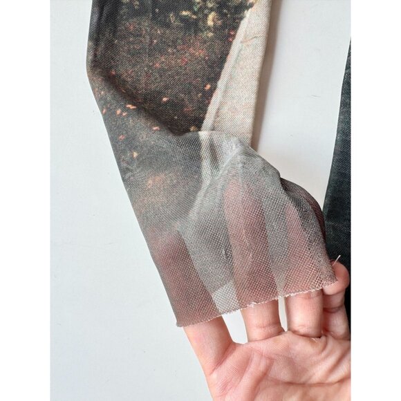 ZARA Grey Orange Landscape Print Mesh Long Sleeve Ruched Maxi Dress, Size M - Picture 9 of 16